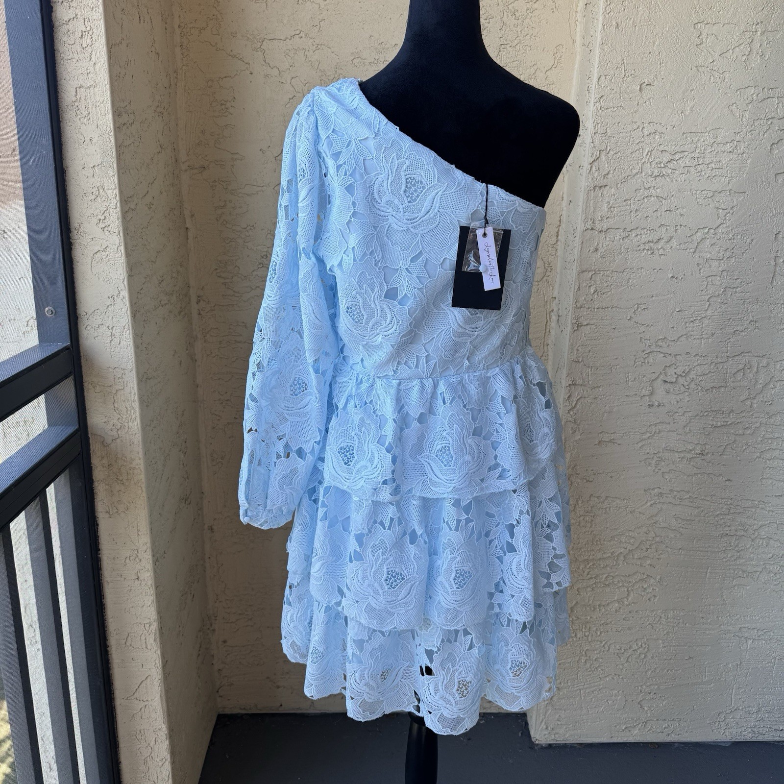 NWT Layered With Love One Sleeve Dress Sz M in Blue Sky Lace Above Knee