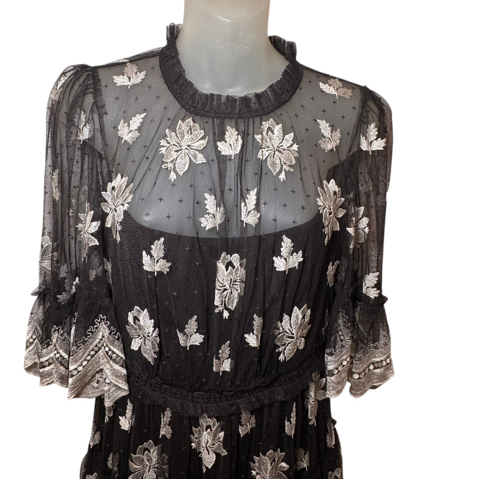 Needle & Thread Amber Petal Embroidered Tiered Lace Dress/Gown Black US 6
