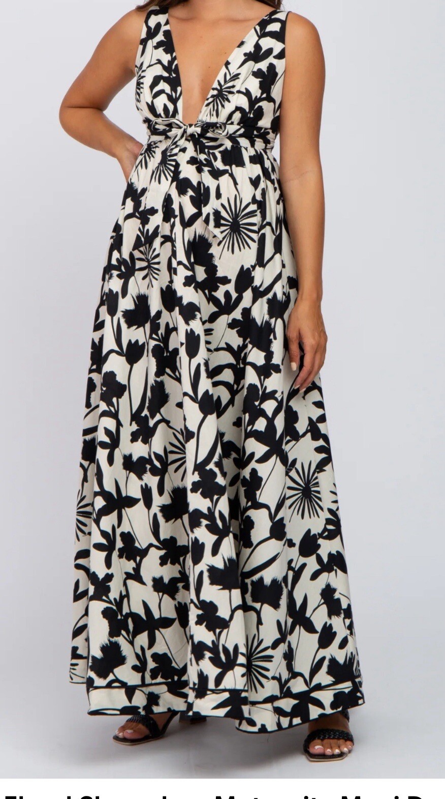 Aakaa Maxi Dress Sz M White Black Floral Back String Sleeveless Tie Waist Chest