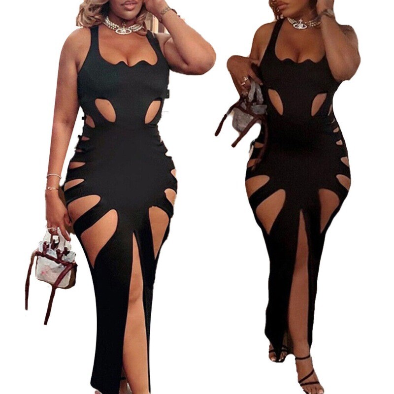 Plus Size Womens Sexy Hollow Out Low Cut High Waist Slit Bodycon Club Long Dress