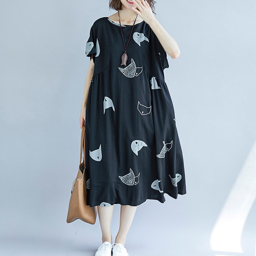 Plus Size Women Dress With Cute Character Cat Print For Fun