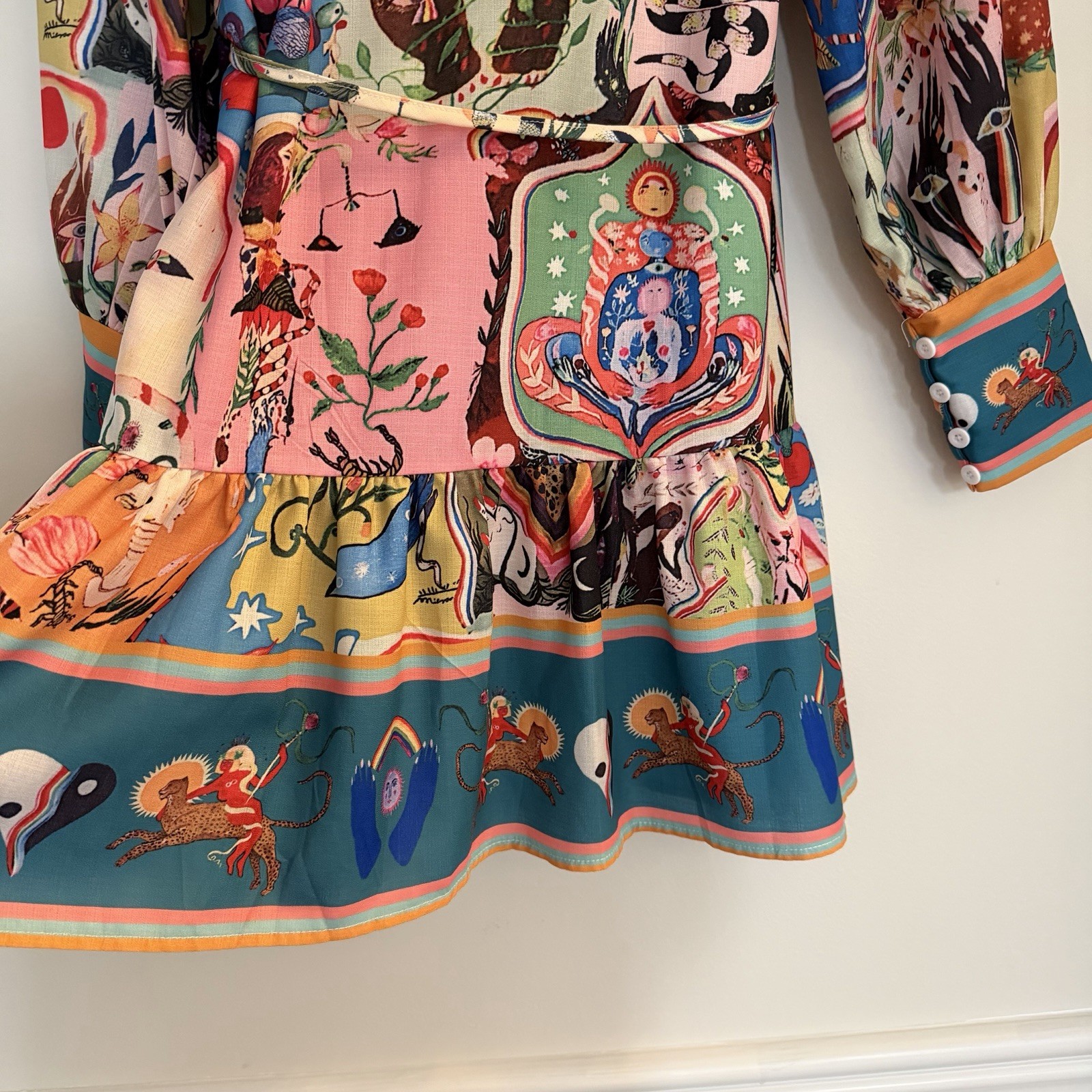 Multicolor Graphic Print Cotton Mini A-Line Long Sleeve Button Front Dress S/M
