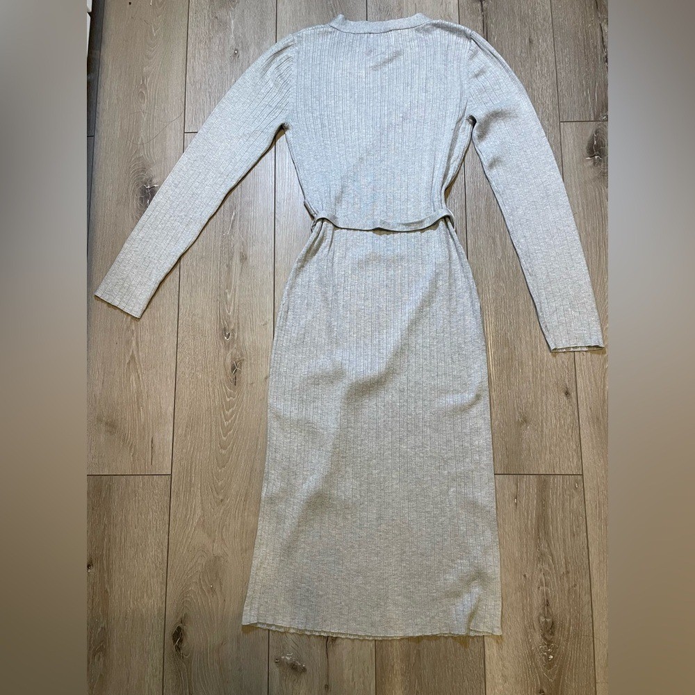 Pink Rose Light Gray Ribbed Knit Wrap Midi Sweater Dress Tie Waist Large