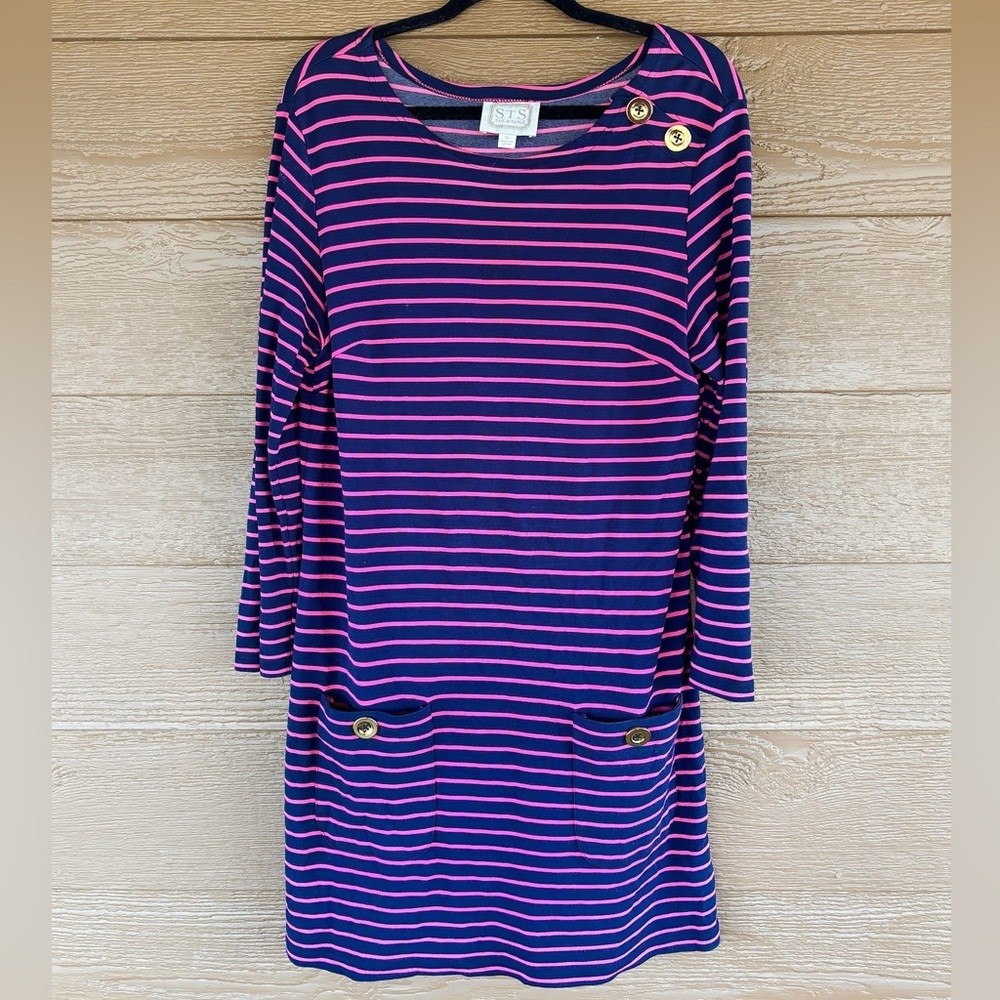 Sail to Sable Navy and Hot Pink Striped Long Sleeve Dress w/ Gold Buttons- Sz L