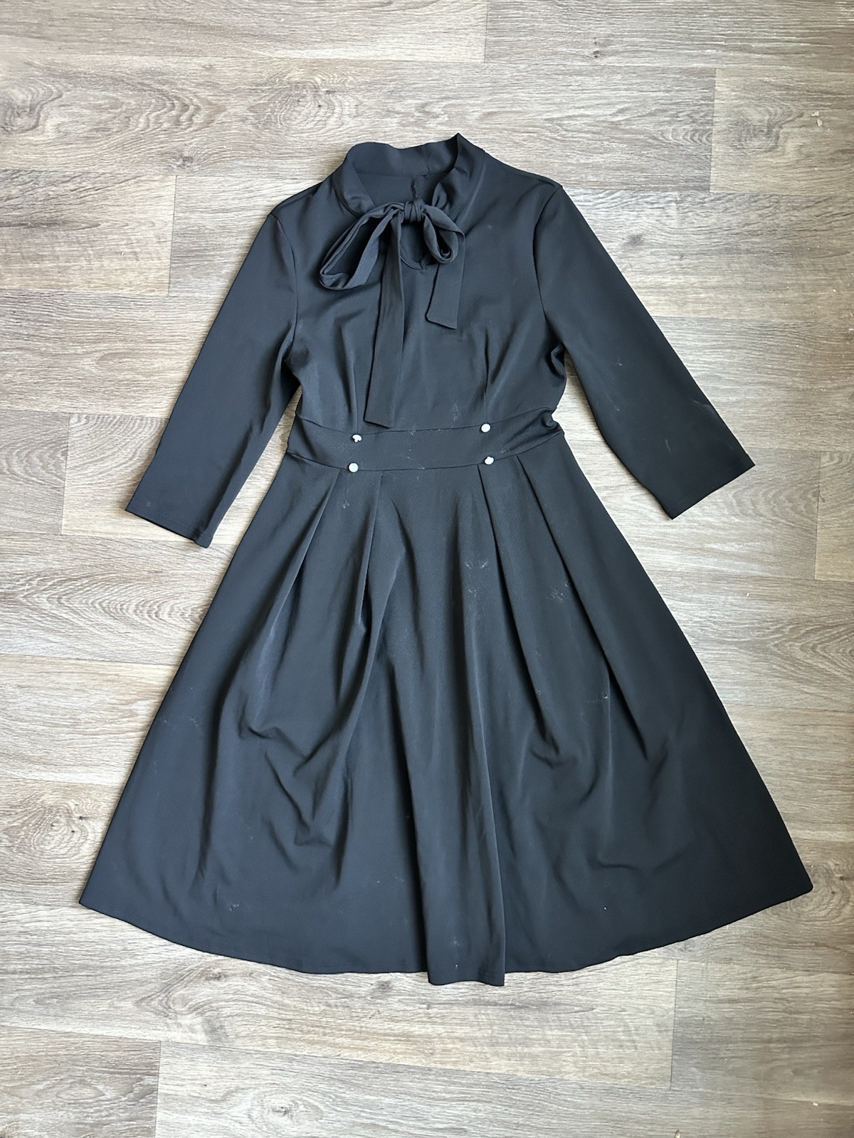 Black A-Line Midi Dress with Bow Neckline & Button Detail Size M Work to Party