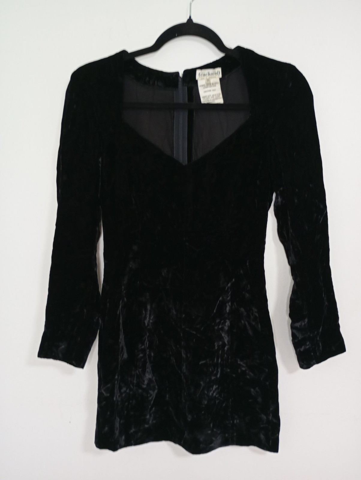 Cacharel Black Velvet Long Sleeve Mini Dress Size 36 Italy Viscose Acetate Linin