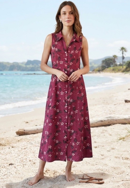 Fashion Bug Sleeveless Maxi Shirt Dress Size Dark Red Floral Vacation Beach