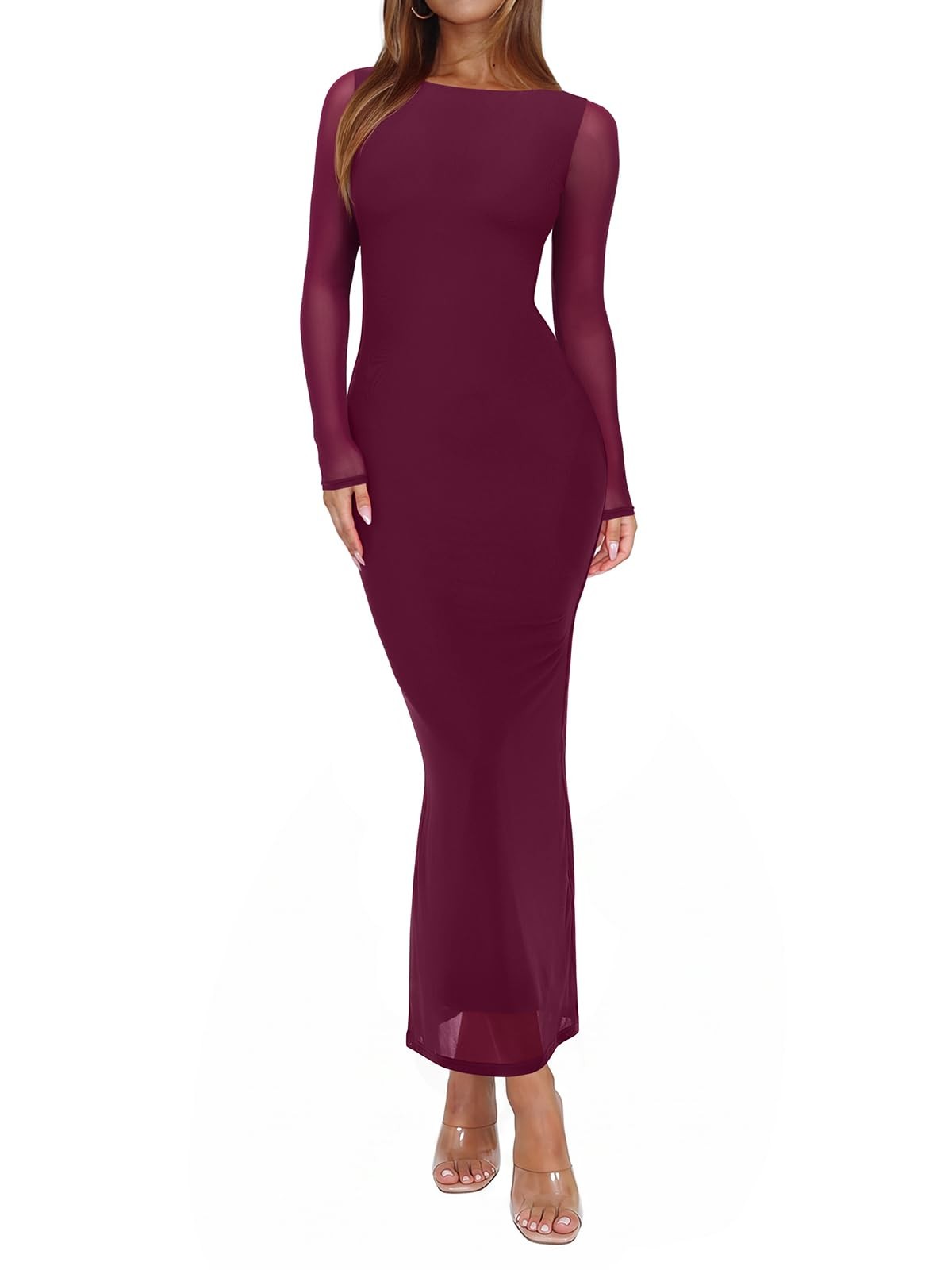 REORIA Women’s Spring Mesh Sheer Long Sleeve Wedding Guest Dress Sexy Floral M