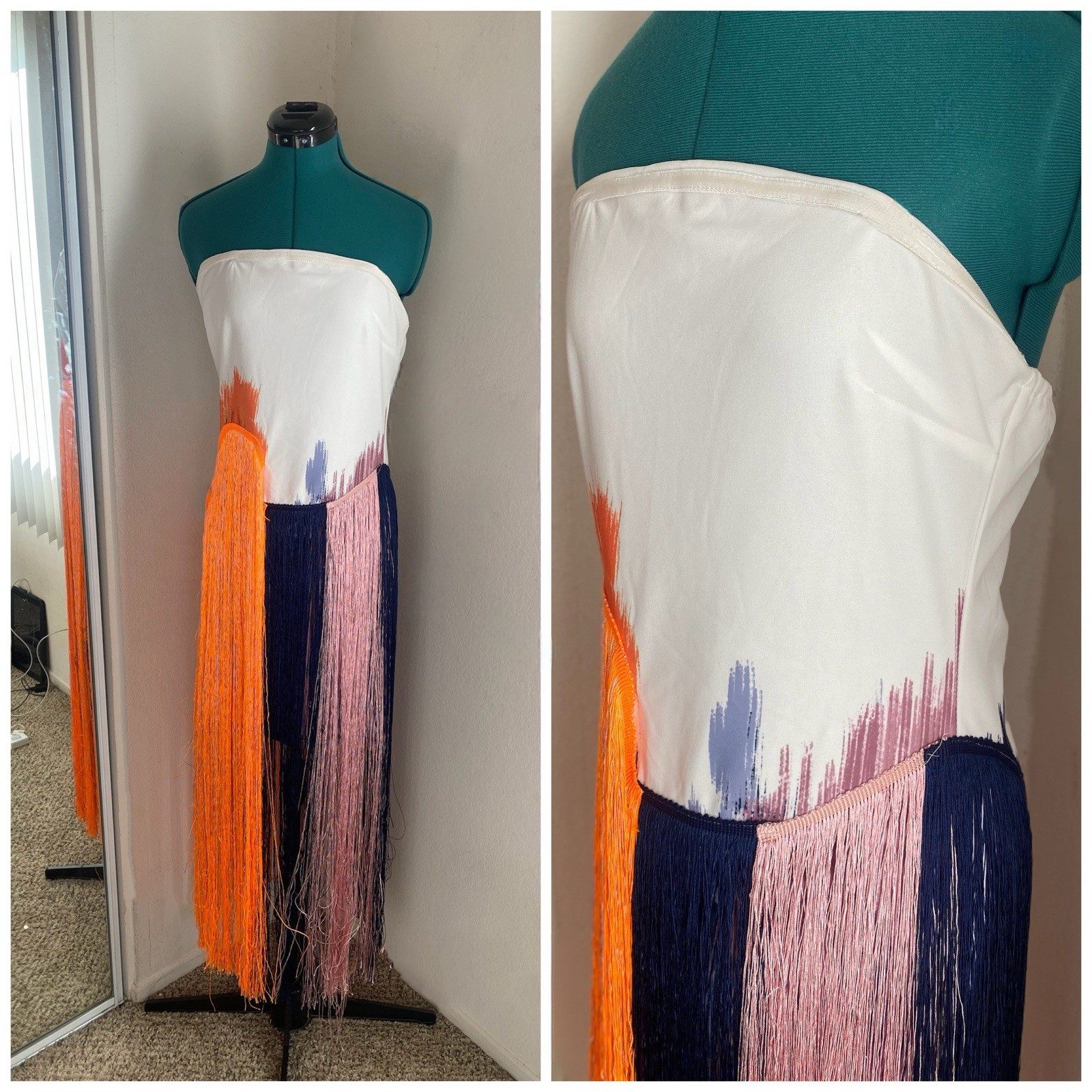 Multi-Colored Strapless White Fringe Midi Dress with Neon Orange & Navy M