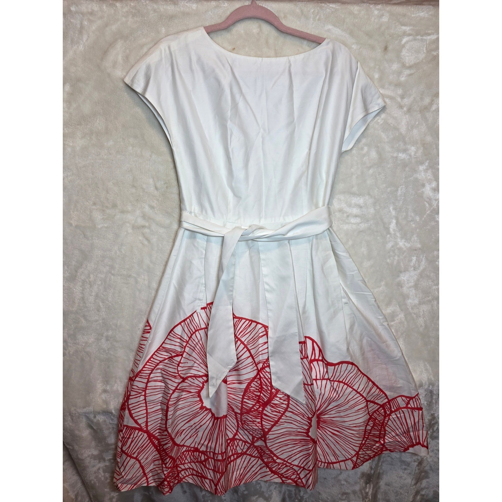 Anne Klein White Red Floral Graphic Print Cotton Fit Flare Belted Dress Size 4