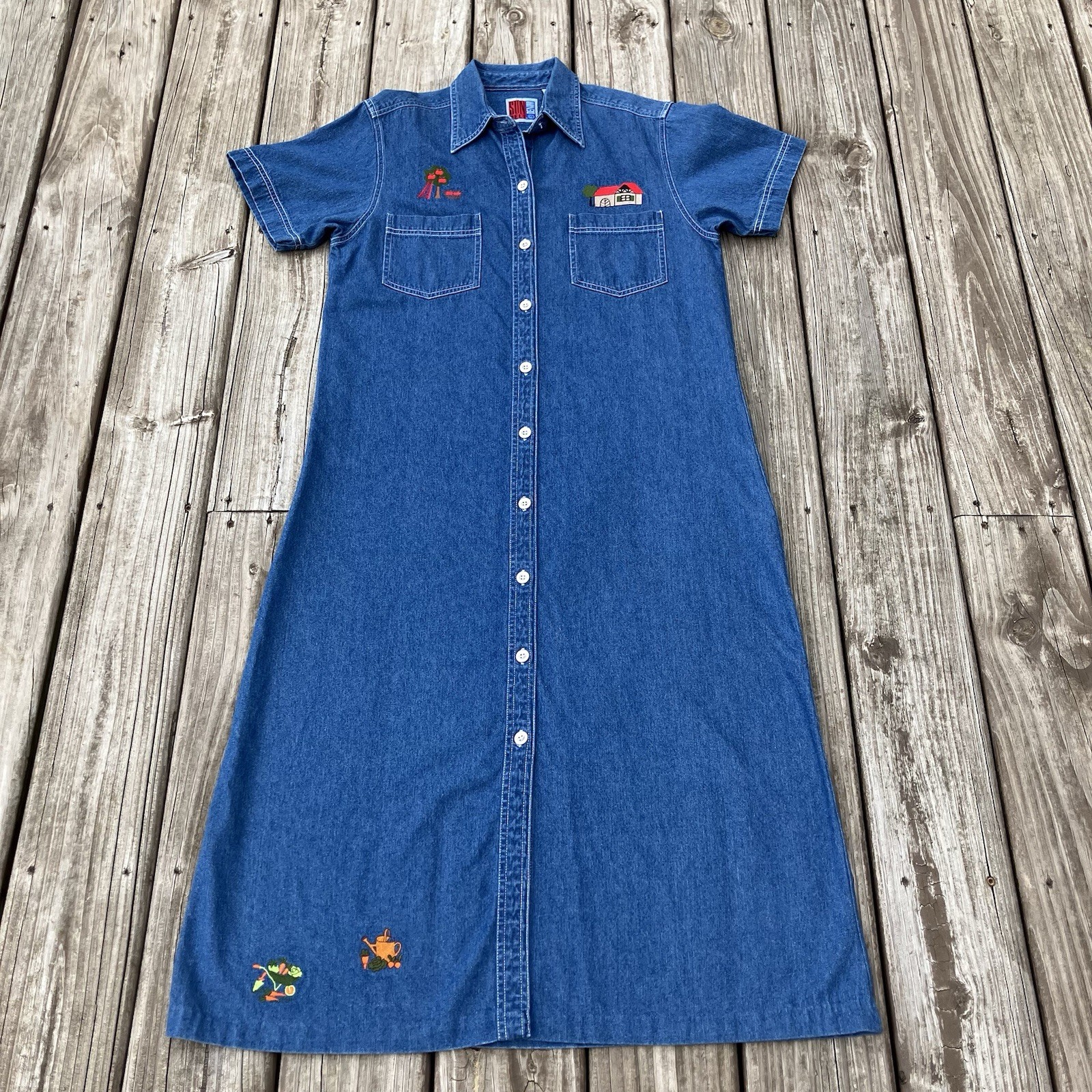 90s Sun Belt Denim Midi Shirt Dress Medium Modest Jean Farmhouse Grandma Core