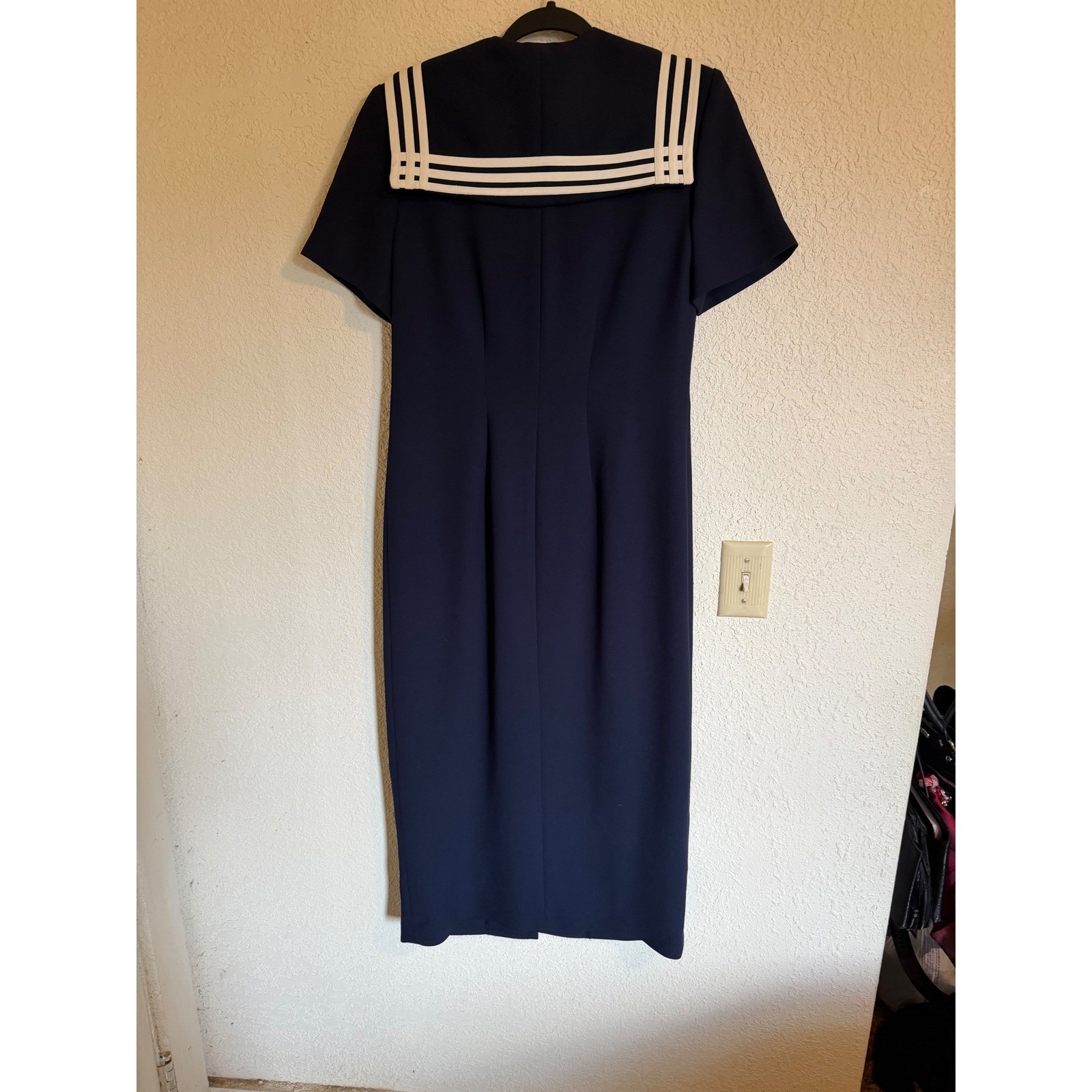 Amanda Smith Navy Blue Nautical Sailor Maxi Dress White Striped Collar Size 8