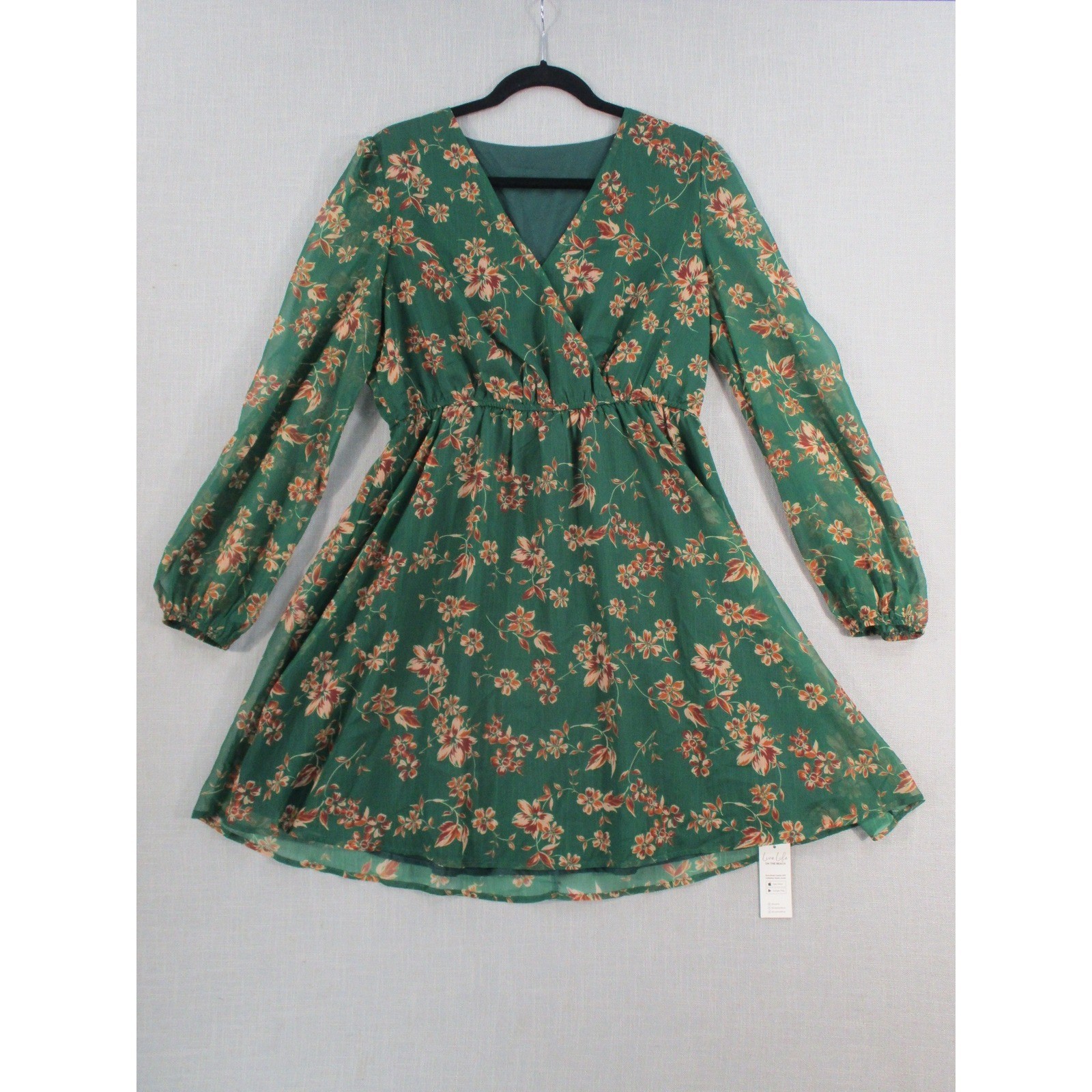 Lush Green Floral Long Sleeve V-Neck Elastic Waist Mini Dress NWT