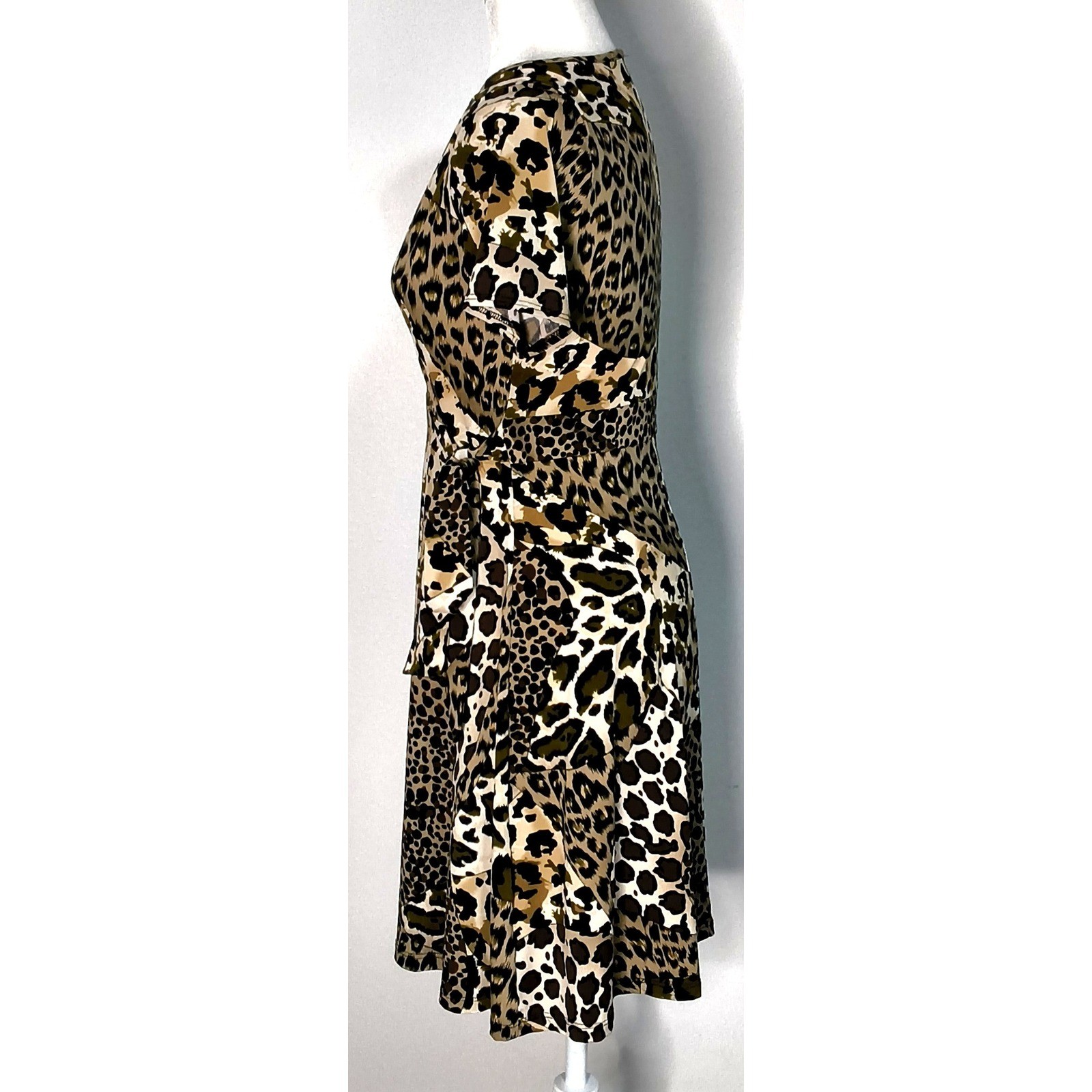 Soprano Wrap Dress Women Medium Brown Leopard Animal Print Short Sleeve