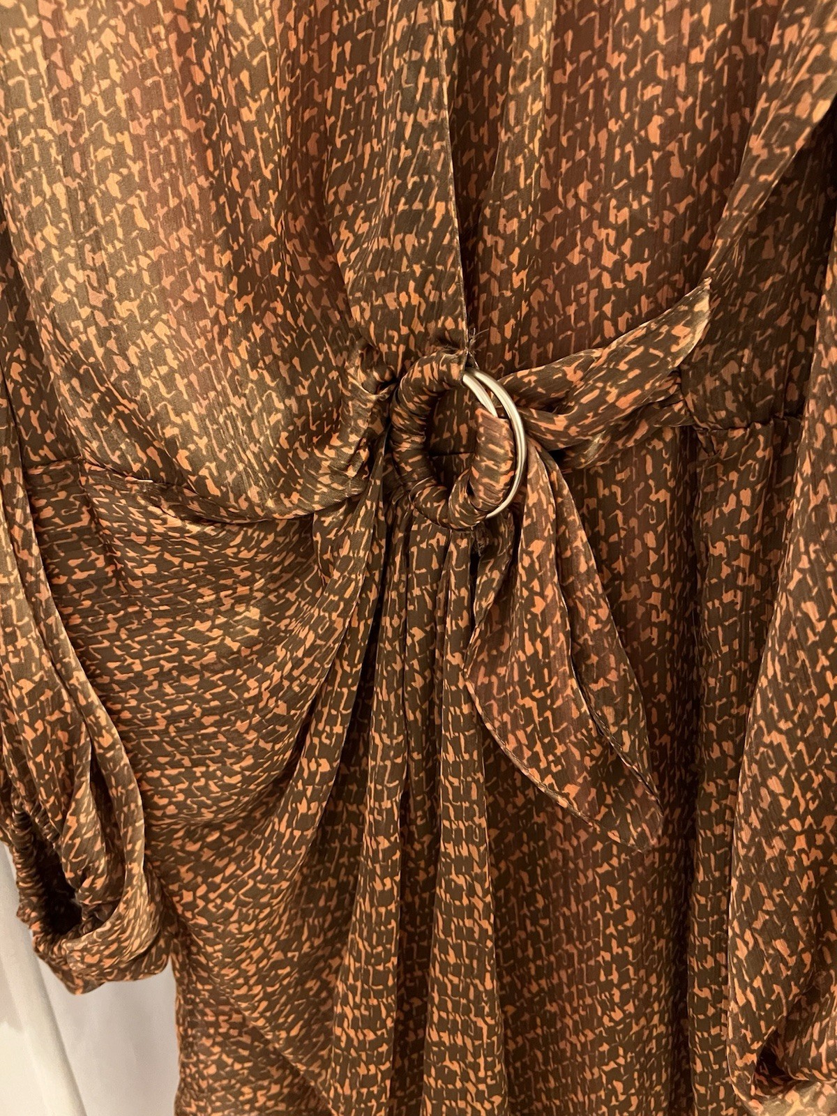 Bailey 44 Brown Orange Malaysia Wrap Flowy Satin Dress W/o Ring Belt Sz L