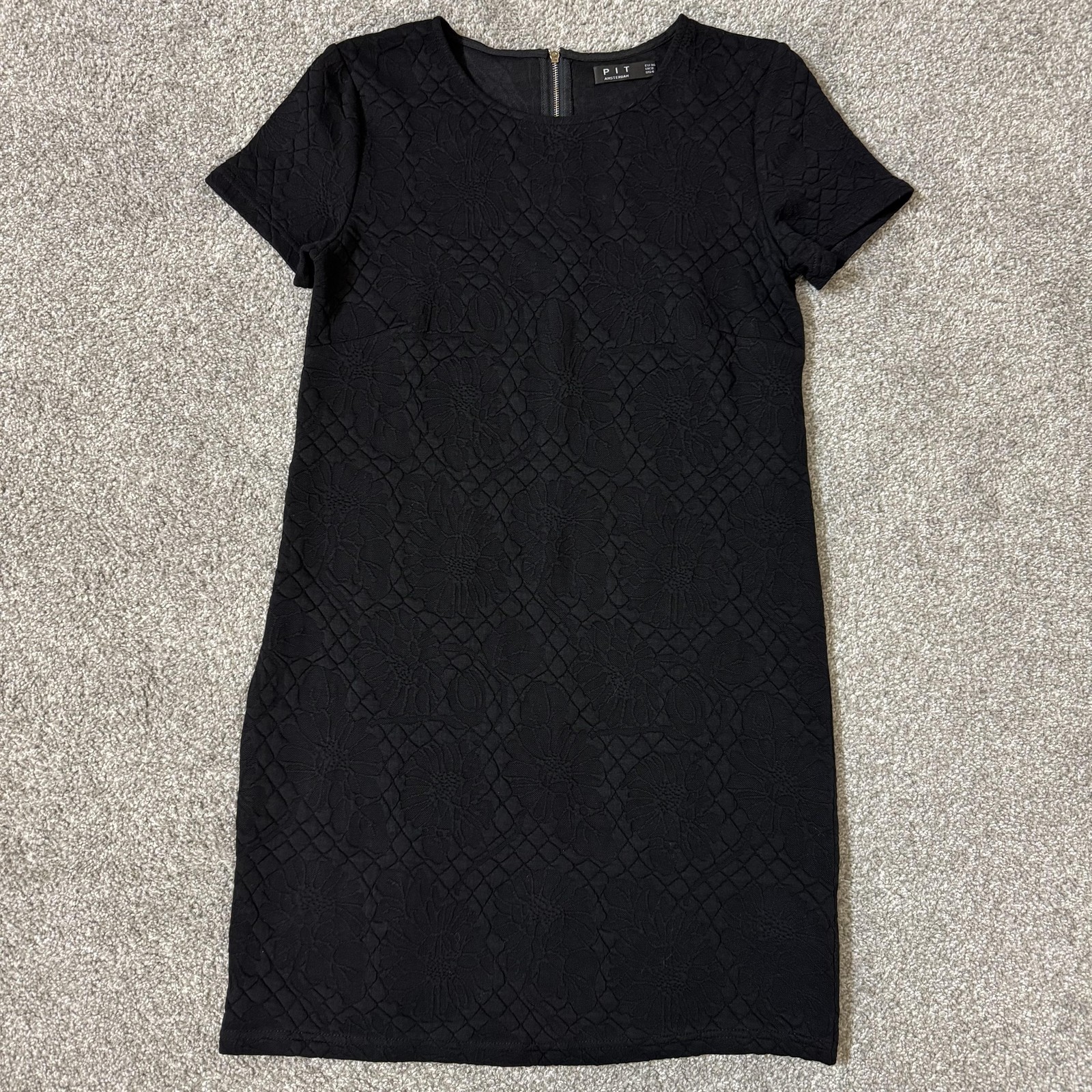 PIT Amsterdam Dress Womens 4 Black Floral Jacquard Short Sleeve Shift Mini