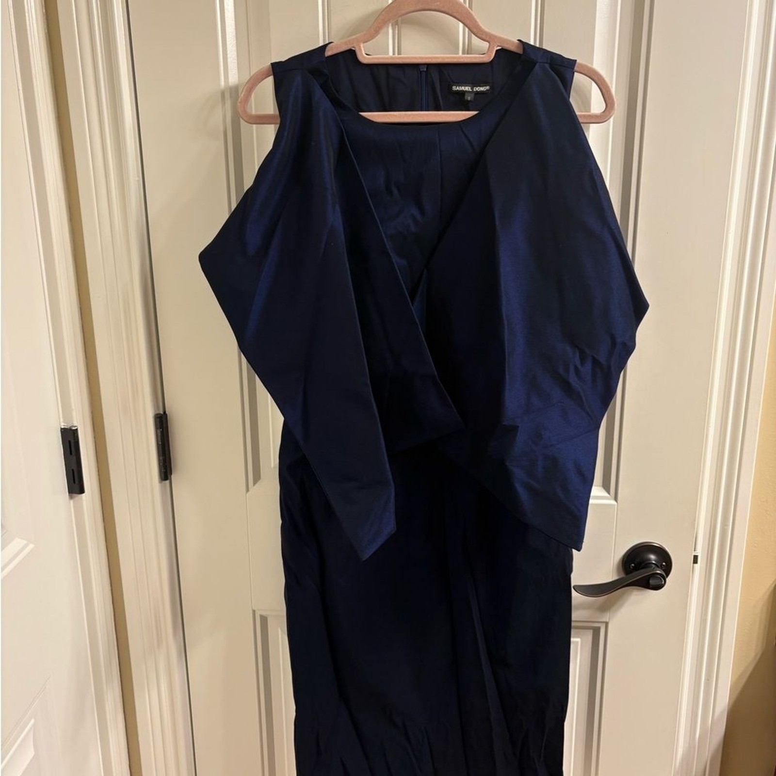 SAMUEL DONG Front Winged Drapey Shimmery Cobalt Below Knee Dress Zip Pockets S