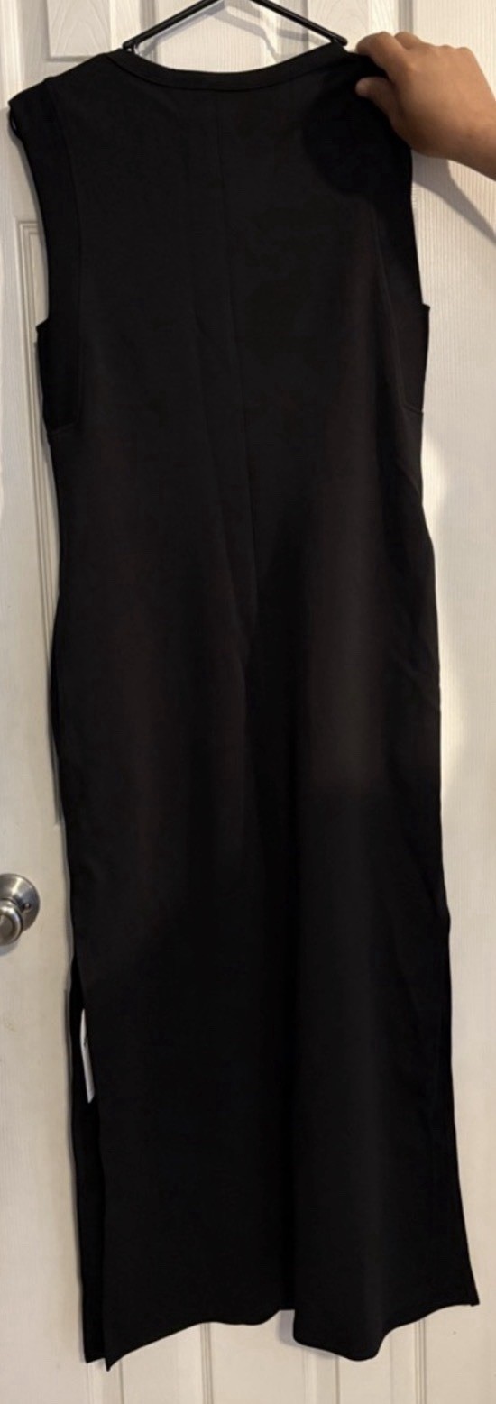 Women’s Black Solid Sleeveless Round Neck Pullover Maxi Dress XL Pockets Slits