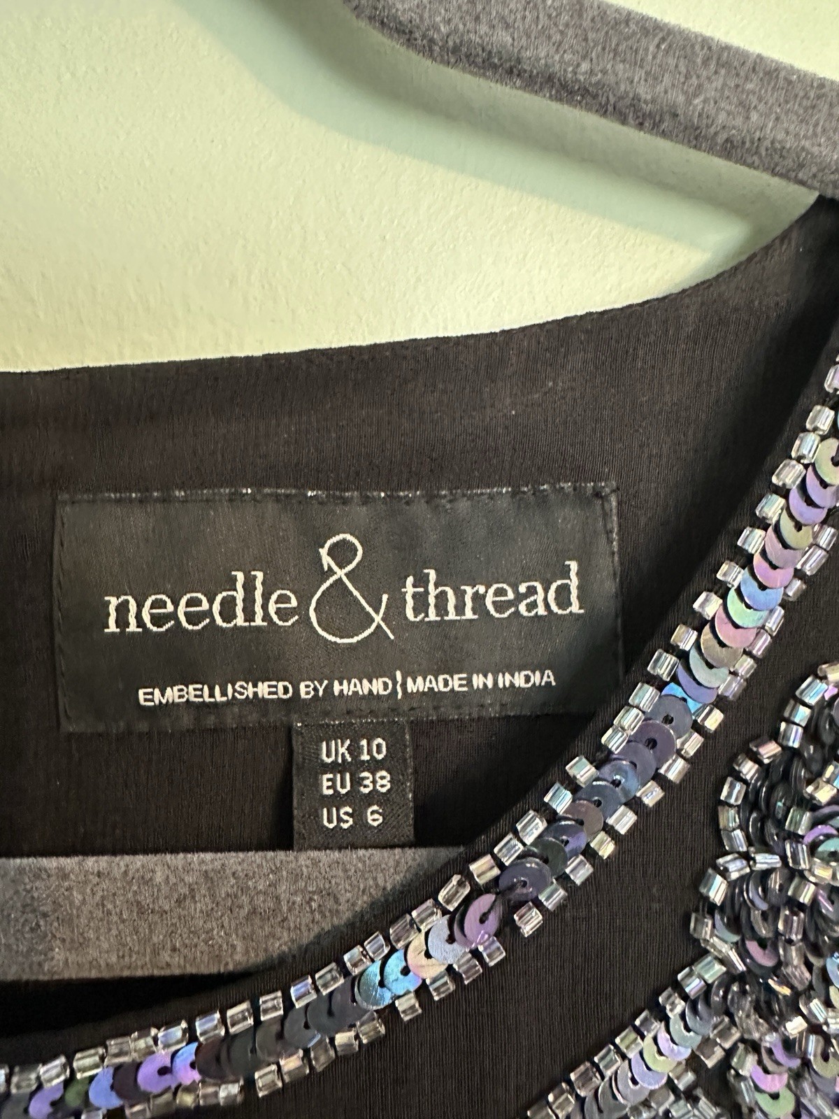 Needle & Thread Black Silver Sequin Beaded Lace Mini Sleeveless Dress US 6