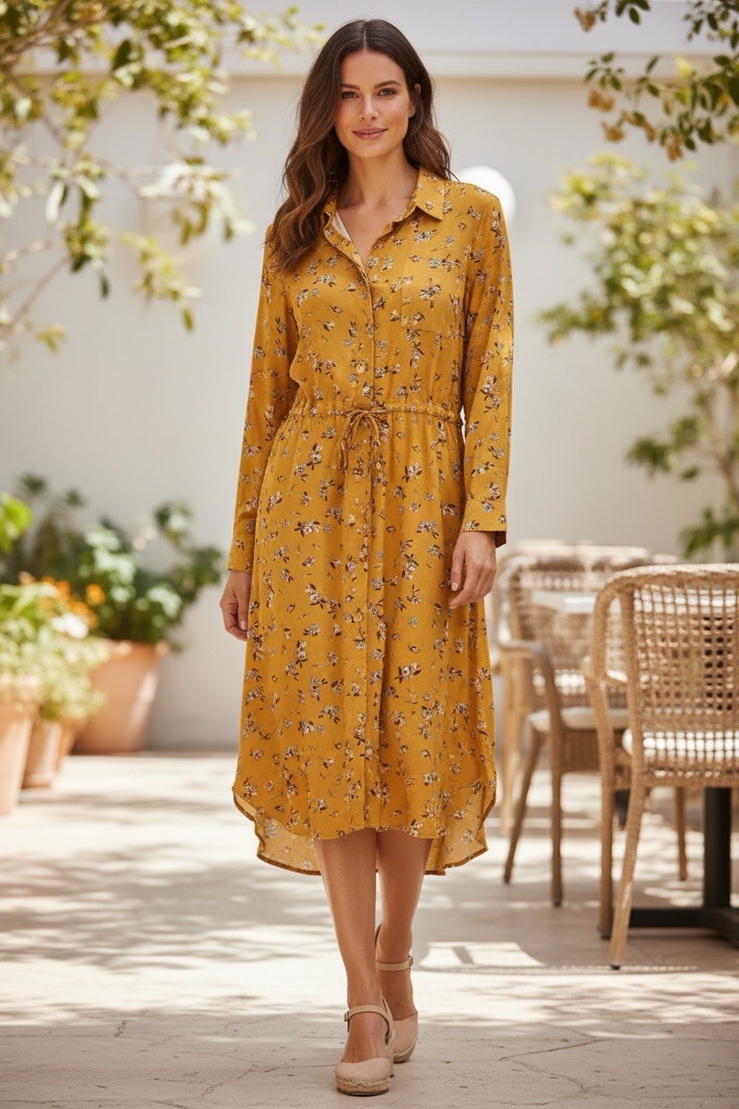 Lauren Ralph Women’s Yellow Floral Print Button-Down Dress with Drawstring Waist
