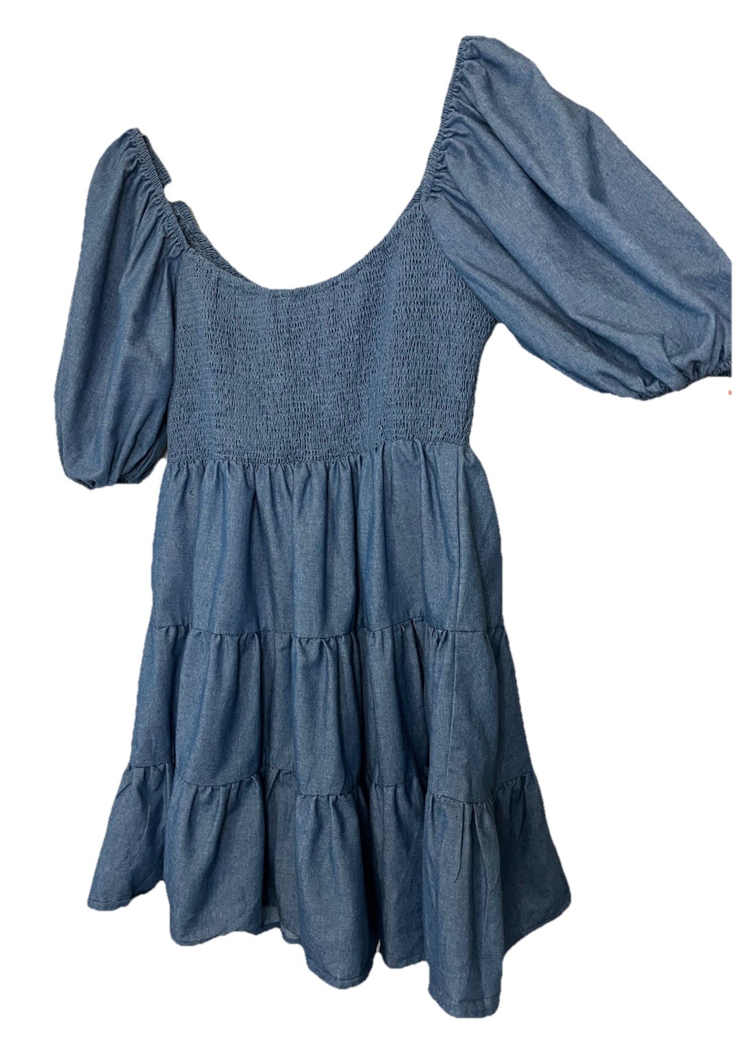 A. Calin by flying tomato Dress LARGE Short Balloon Sleeve Smocking Tiered Blue