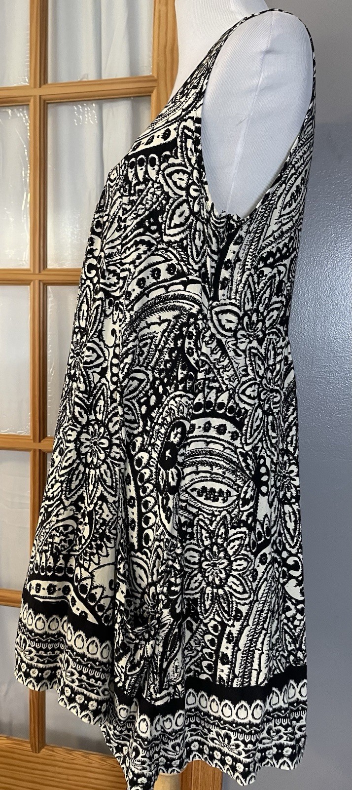Papillon Floral Swing Mini Dress Sz L Gray Ivory Paisley Pockets Boho City Beach