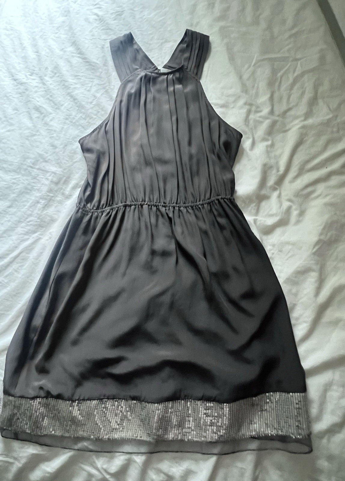 Anthropologie/ Trinity 100% Silk charcoal grey blouson mini Cocktail dress