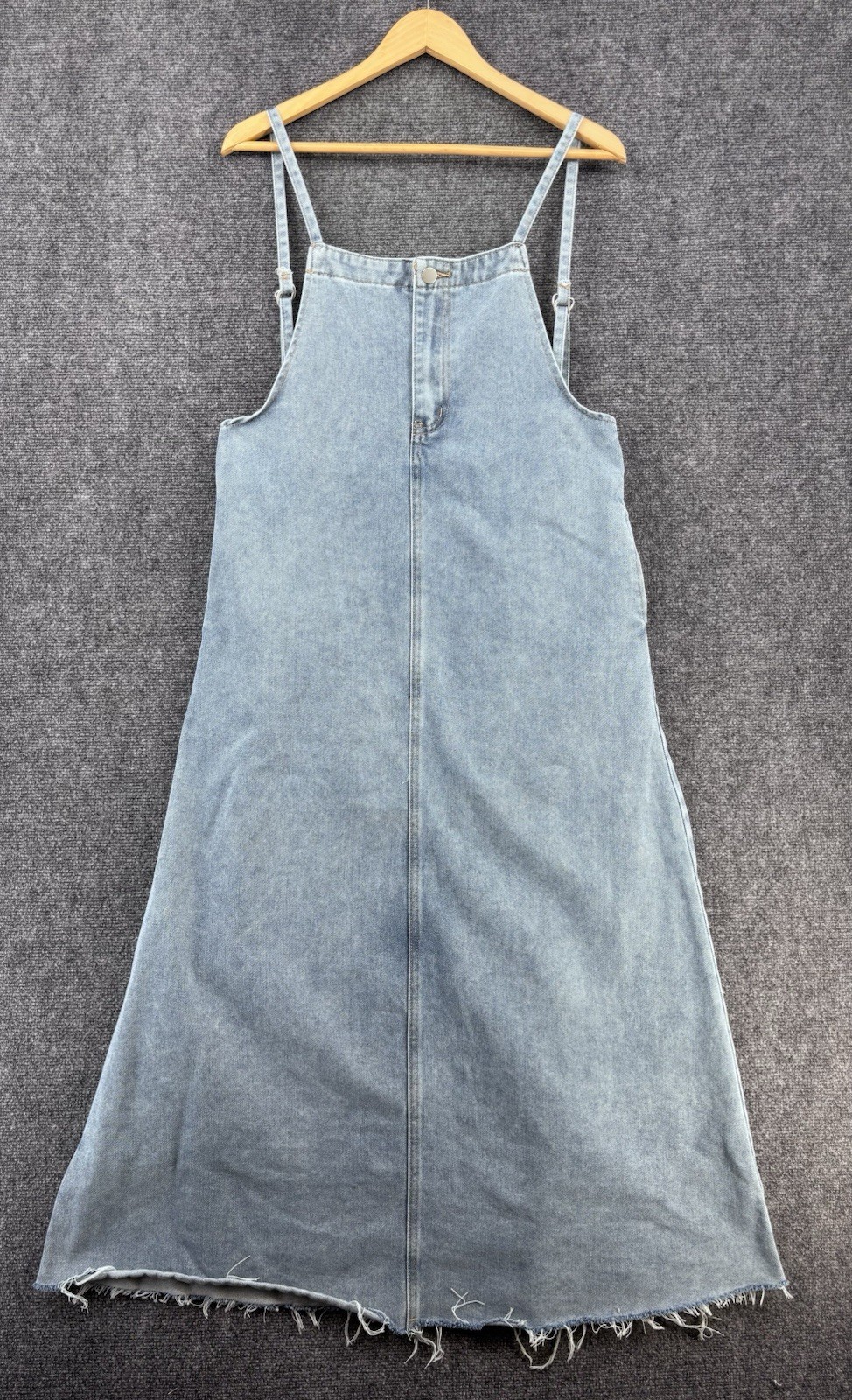 Dazy Mori Kei Fringe Hem Back To School Denim Suspenders Midi Dress Women’s L