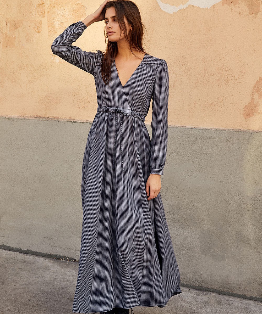 Christy Dawn Audrey Maxi Dress Navy Blue Check Plaid Size Small