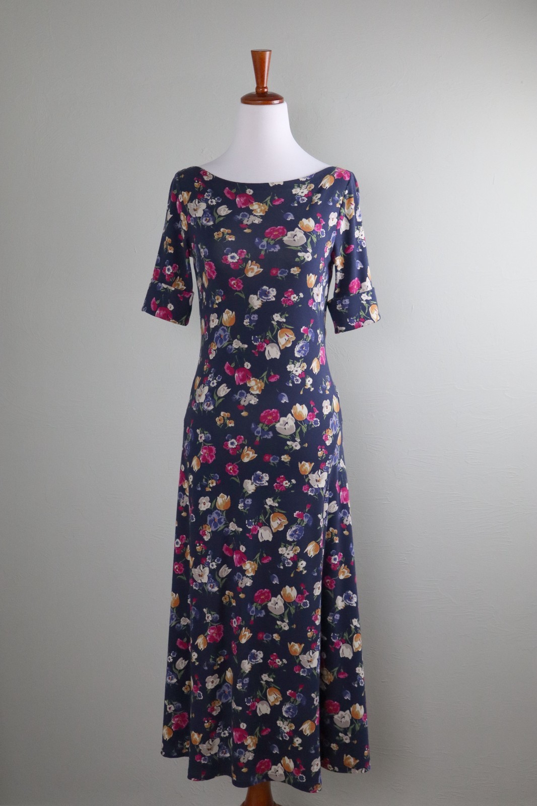 LAUREN RALPH LAUREN $159 Navy Floral Bateau Neck Cuffed Midi Dress Size Small