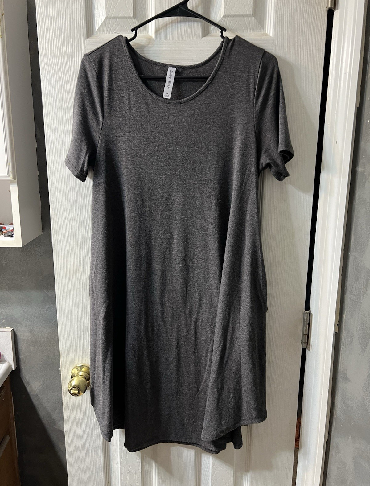 Women’s Gray Solid T-Shirt Dress Round Neck Short Sleeve M, Pockets