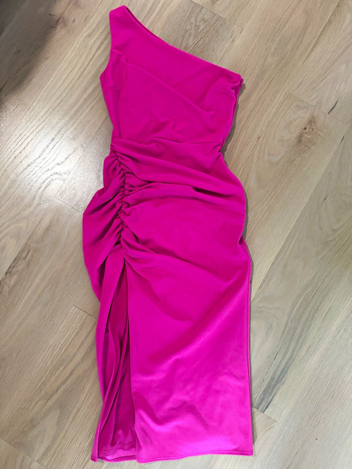 Katie May Pink Solid One Shoulder Cutout Ruched Bodycon Midi Dress S