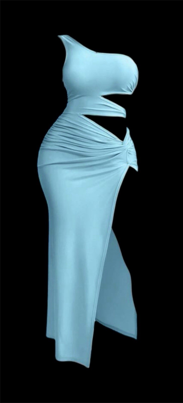 Shien Blue One Shoulder Cut Out Waist Metal Twist Front Split Bodycon Maxi Dress