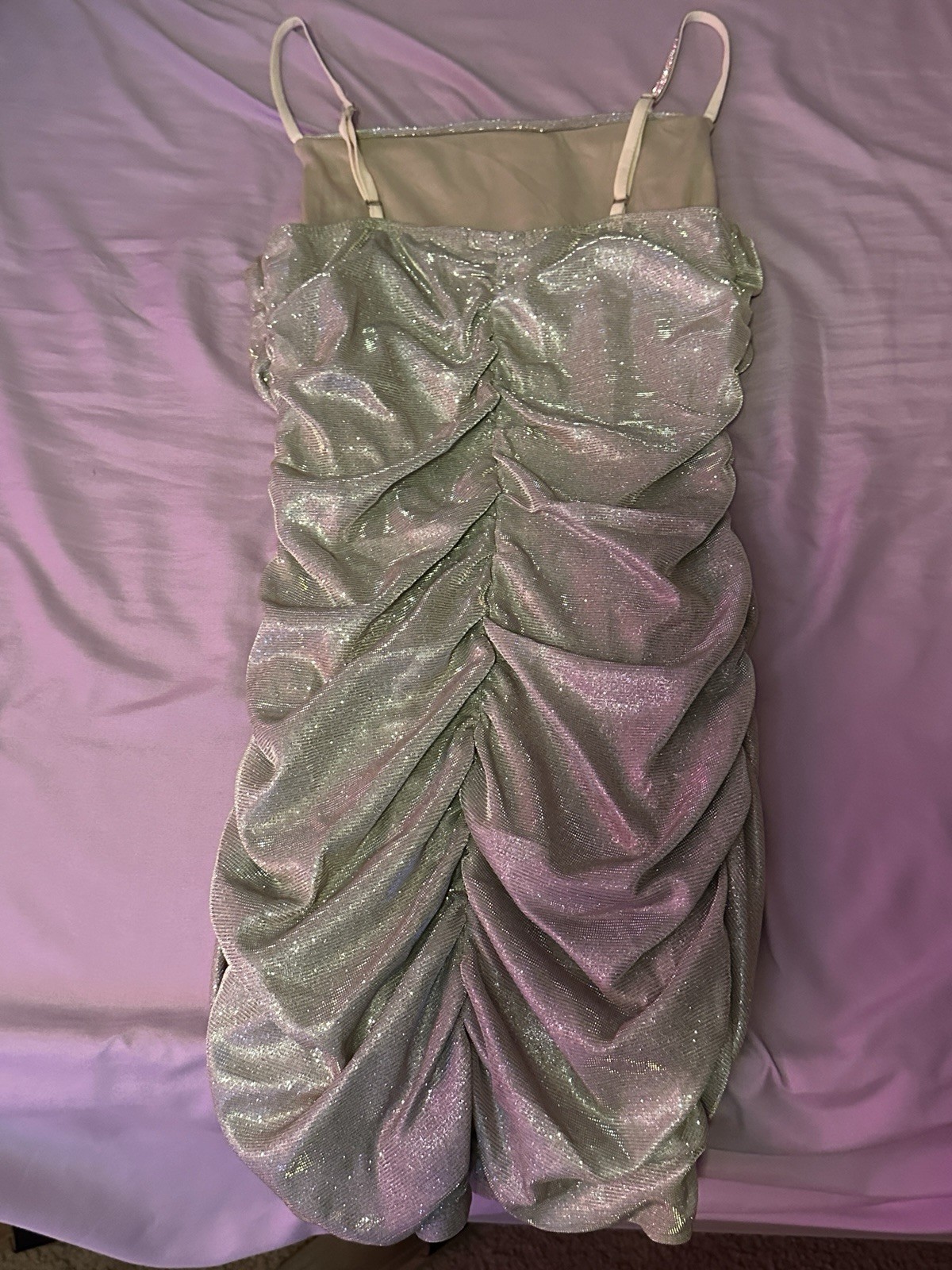 Women’s Silver Glitter Ruched Sweetheart Spaghetti Strap Bodycon Mini S