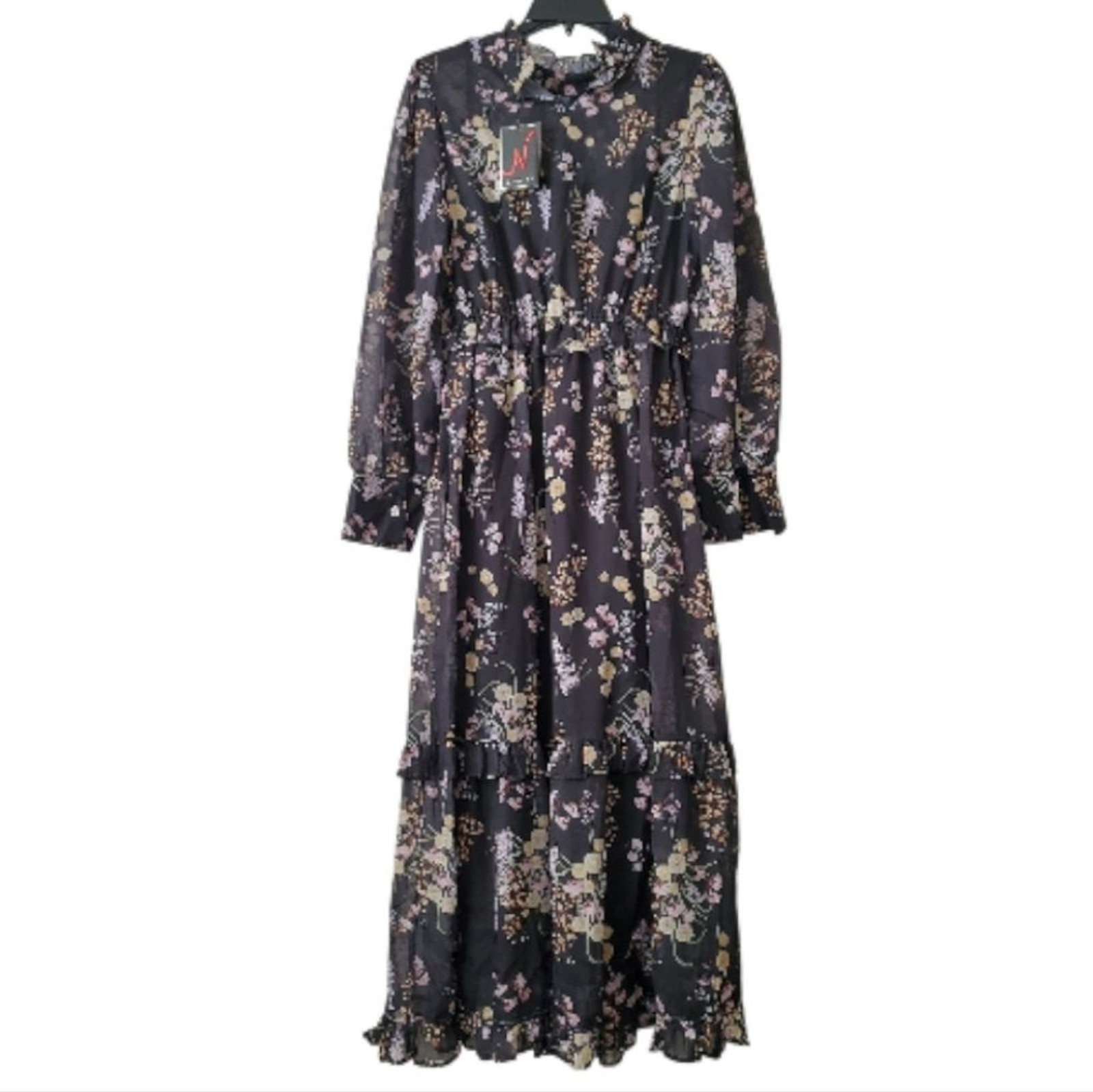 N by Nancy Black Floral Tiered Long Sleeve Ruffled Midi Dress Medium