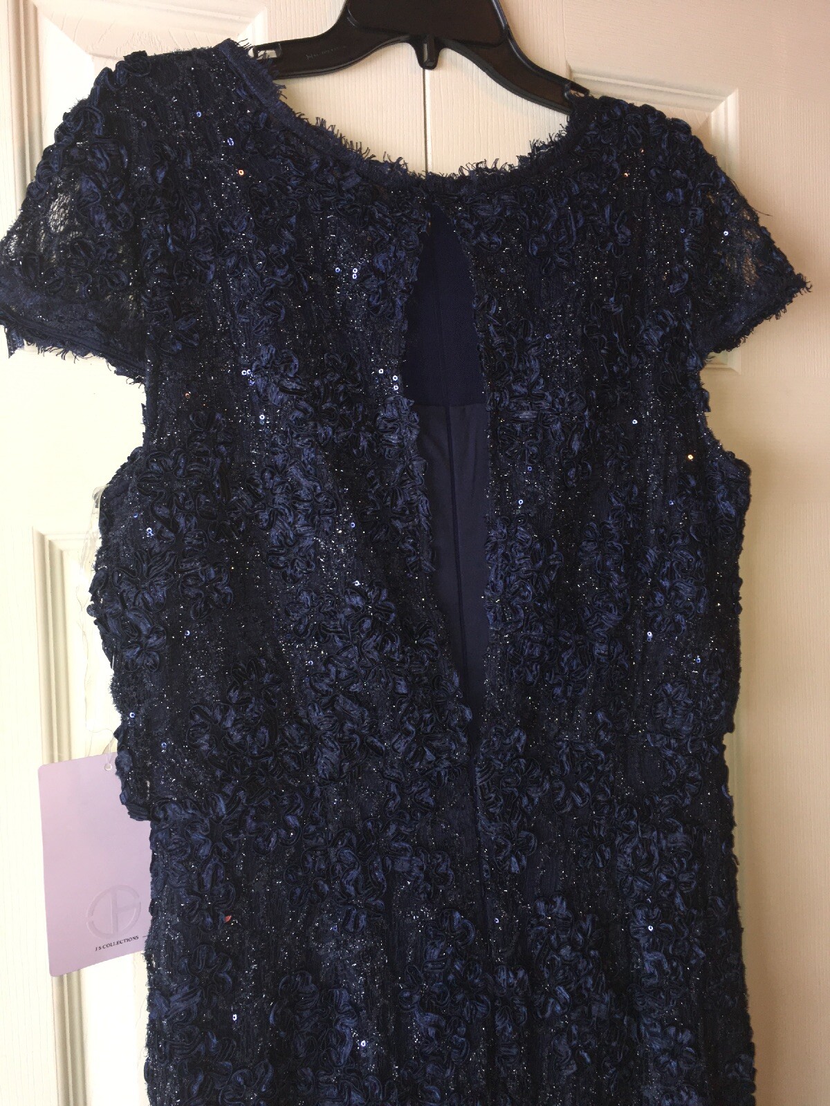 JS COLLECTIONS Navy Sequined Soutache Lace Blouson Bodycon Gown SZ 12 NEW