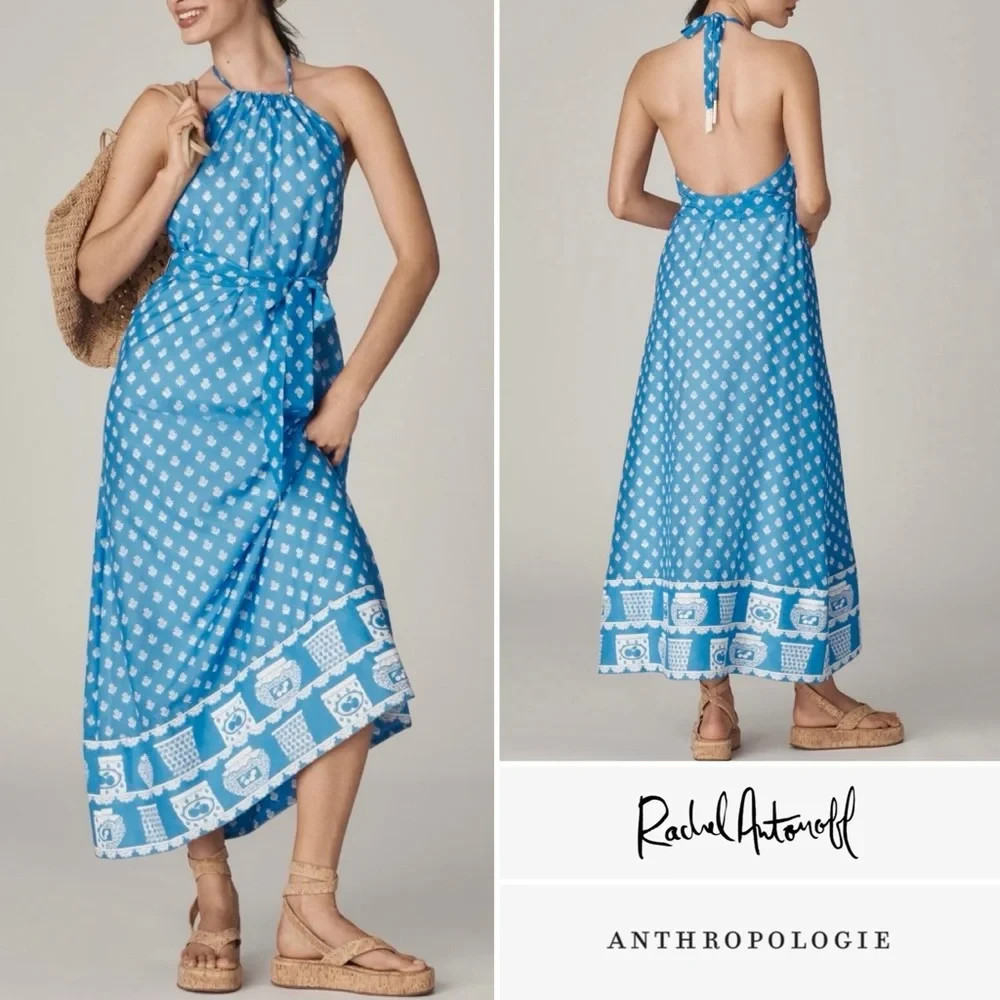 Anthropologie Rachel Antonoff Rainey Halter Maxi Dress Jam Jars Blue Size XS NWT