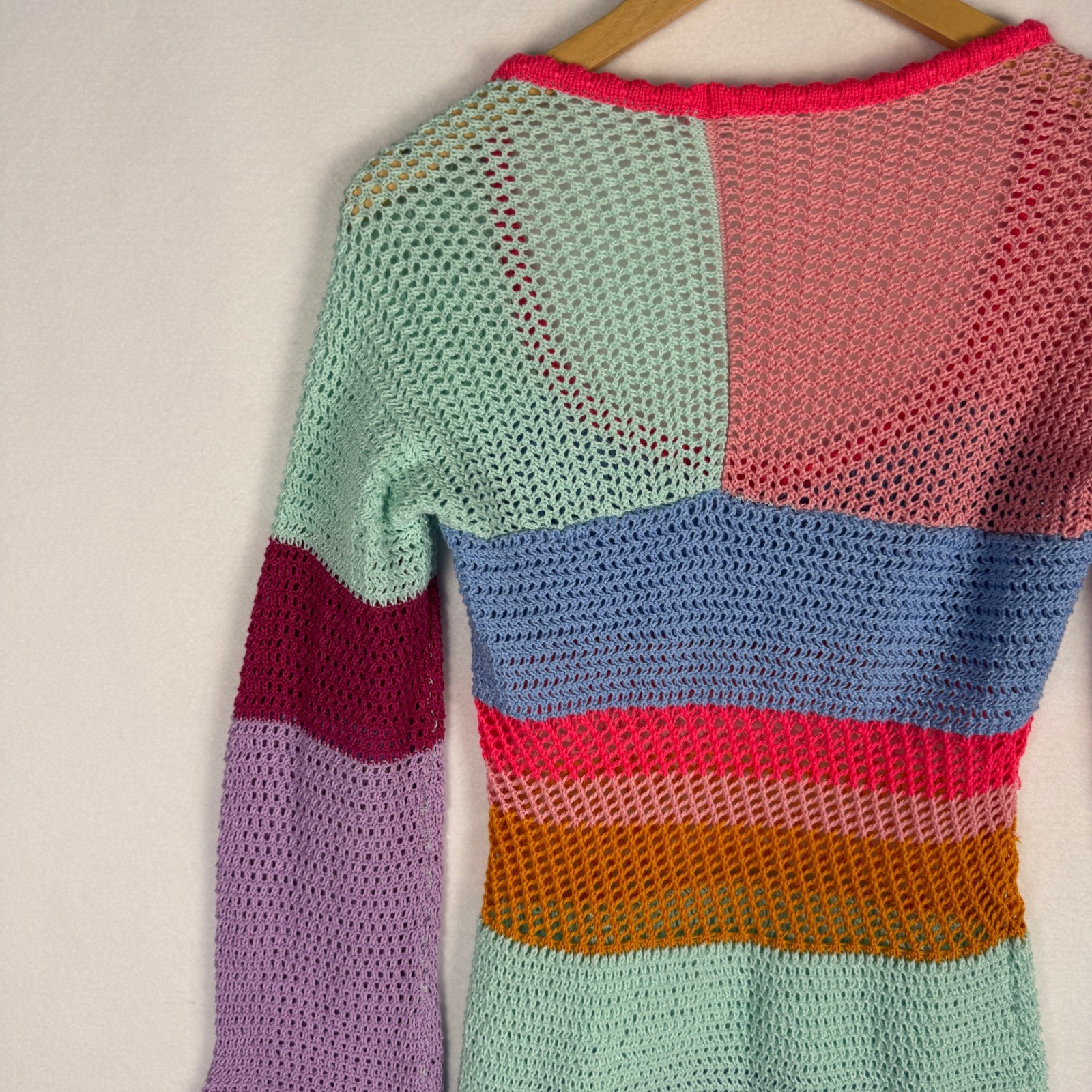 Multicolor Crochet Mini Dress Bell Sleeve Striped Open Knit Festival Boho M