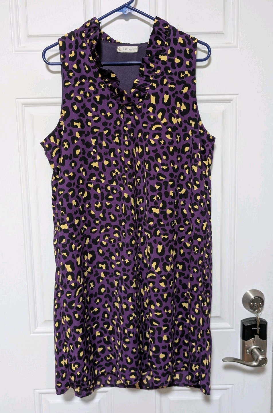 FSL apparel Purple Leopard Print Sleeveless Ruffle V-Neck Shift Short Dress XL