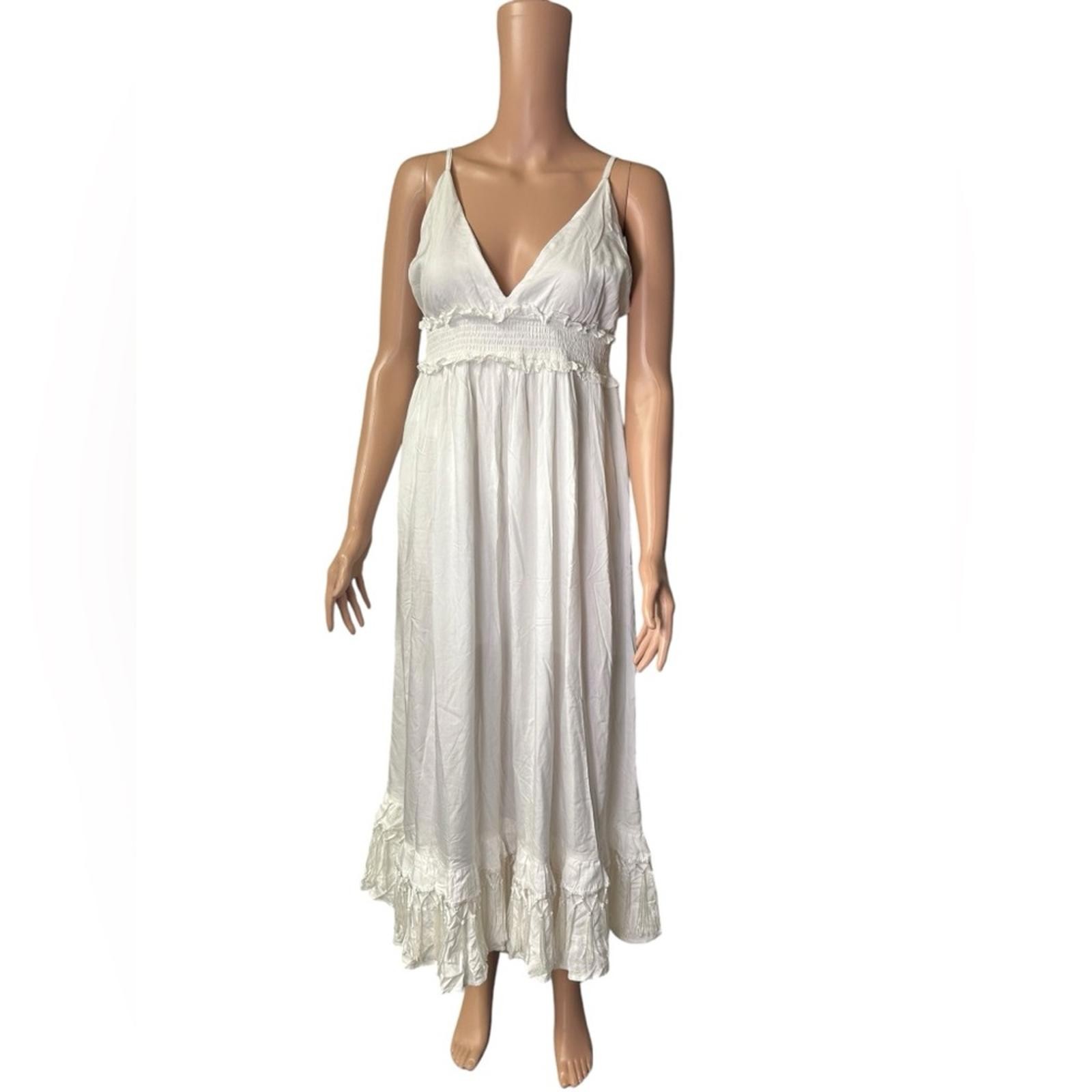 SHORE BRAND stretch middle white tassel V front maxi beach flowy dress Small NWT