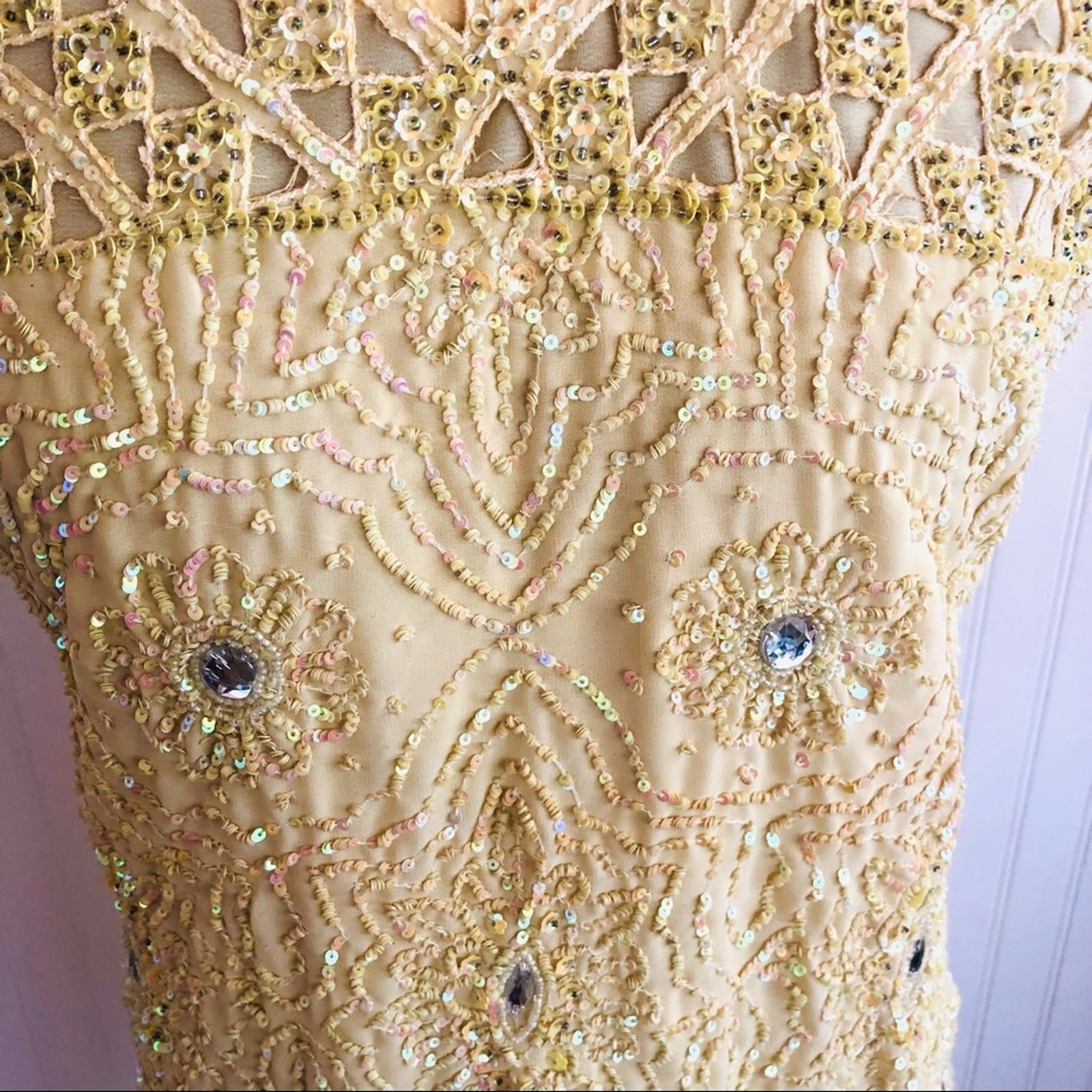 Vintage Yellow ButterCup Sequin Beaded Tunic Top Indian Dress Rhinestones Fancy