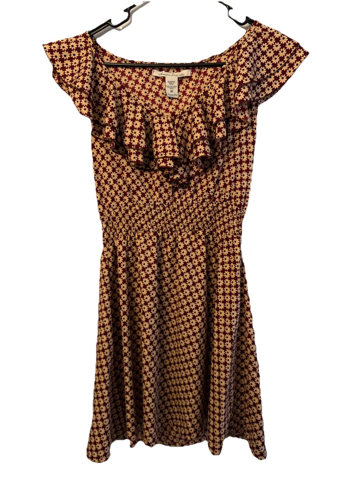 American Rag Cie Women’s Medium Red and Beige Patterned Ruffle Mini Dress
