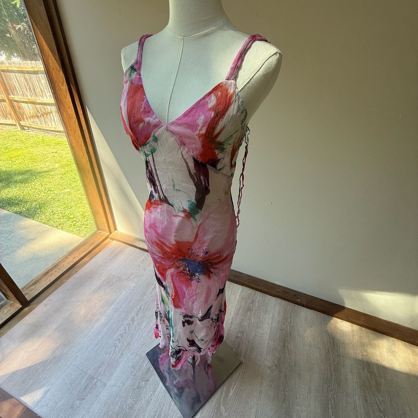 Floral Watercolor Silk Print Chiffon Maxi Slip Dress