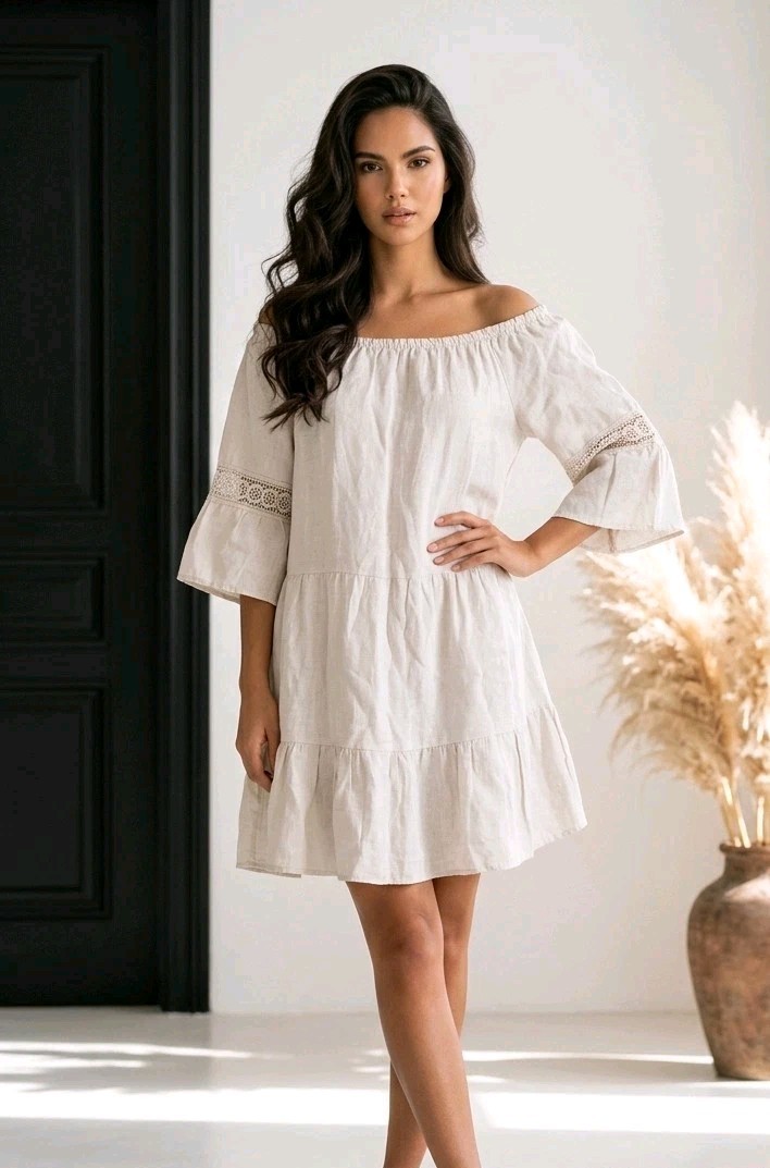 Terzo Millennio Italy Linen Dress M Beige Boho Crochet Lace Peasant Cottagecore