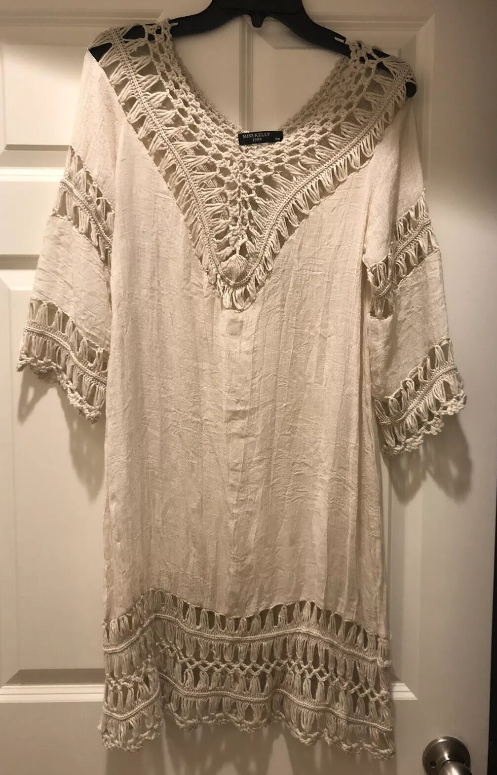 MISS KELLY 1999 Womens Light Beige Crochet Boho Dress Ivory Cream Gently Used