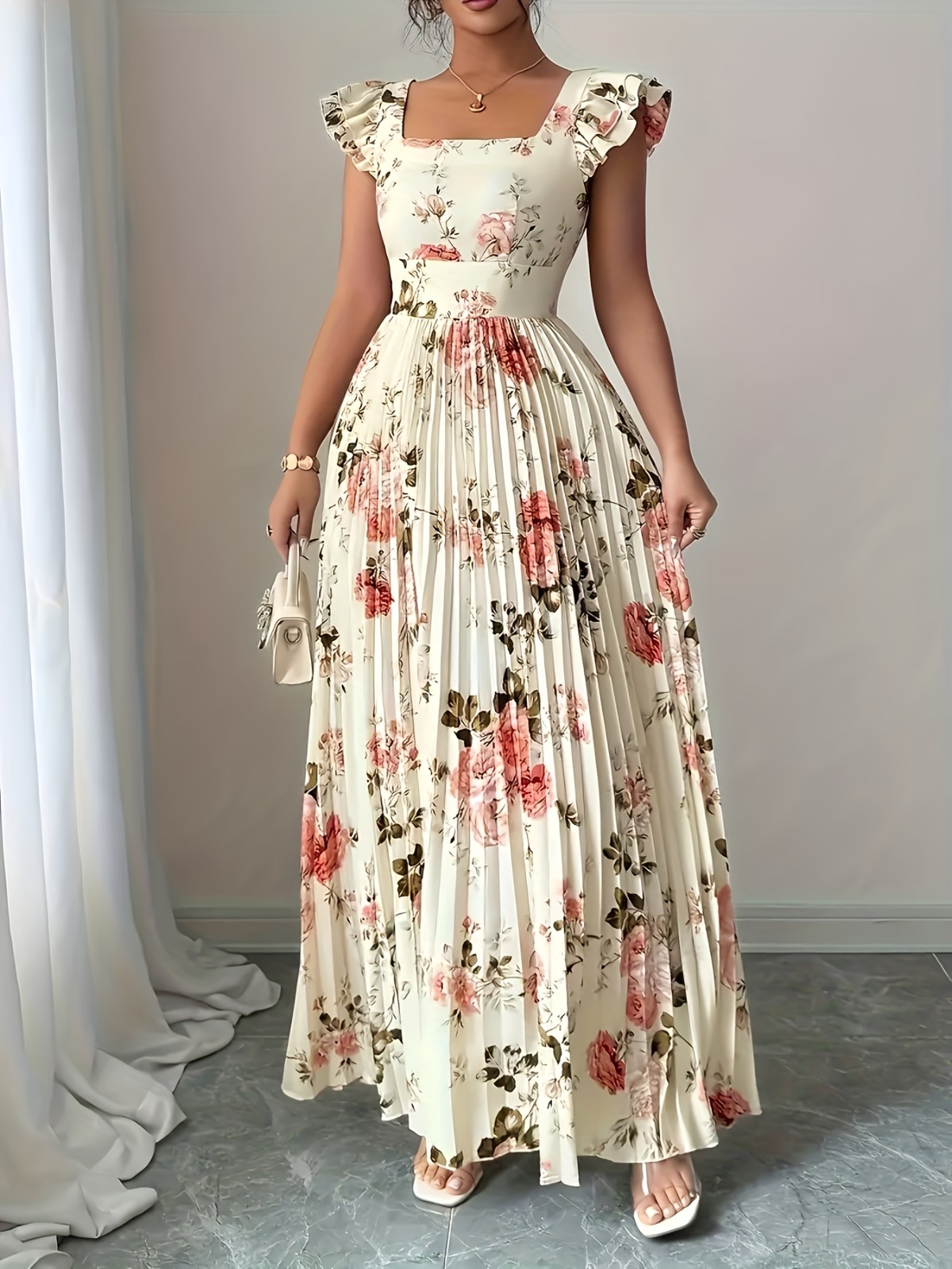 Women’s Floral Pleated Maxi Dress Square Neck Ruffle Sleeve Elegant Party Dress