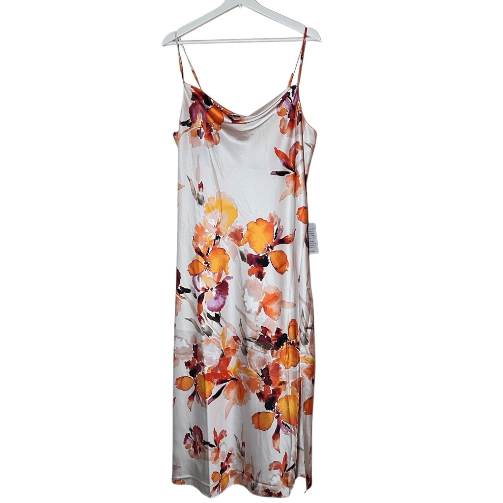 NWT Socialite Satin White Orange Floral Print Cowl Neck Midi Slip Dress XL