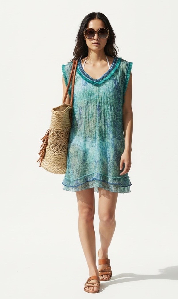 Silk Poupette St Barth Sasha Mini Dress Medium Teal Floral Fringe Sleeveless