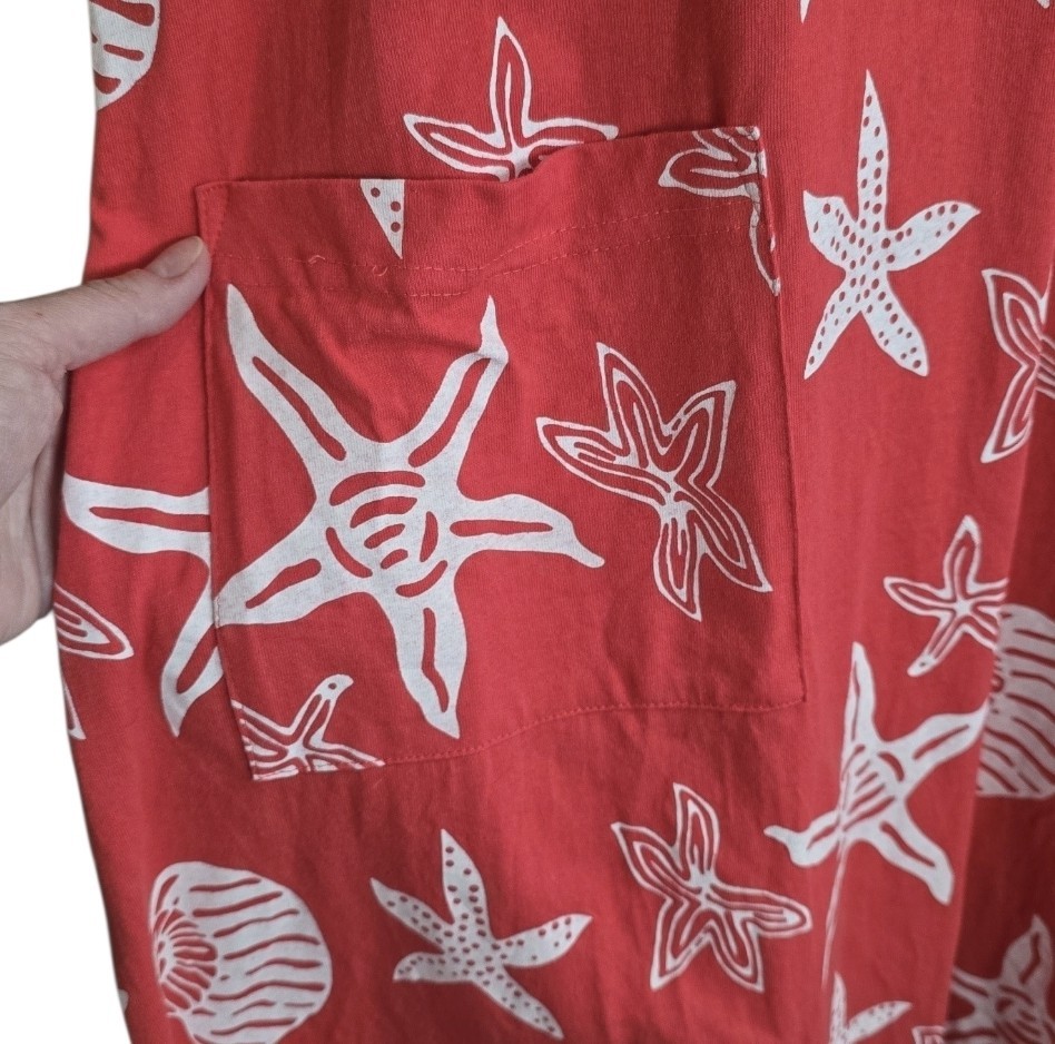 Vintage Fresh Cotton Shell Starfish Beach Maxi Dress With Pockets. Size Large