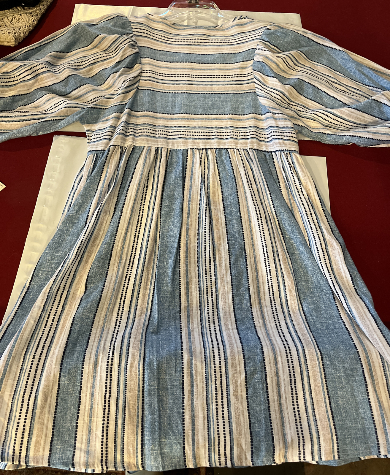 NEW Blue White Striped LINEN Sun DRESS Cotton Peasant PUFFY Sleeves Womens Small